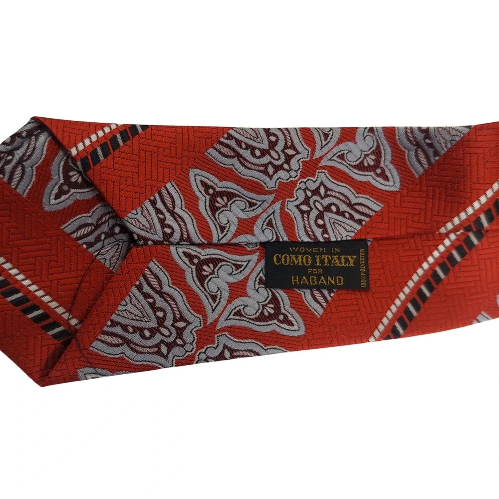 Haband Como‎ Italy Necktie Woven Red Grey Pattern Silk Polyester Men's
